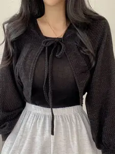 Thin White Cardigan Women Summer Sunscreen Lace-up Knitwear Tops Lady Korean Style Casual Lantern Sleeve Short Sun Protected Top Womenswear