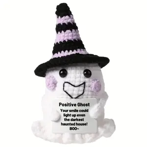 Halloween Crochet Ghost, 1 Count Positive Ghost Toy with Witch Hat, Crochet Ghost Toys, Wool Crochet Doll, Encouragement Gift for Party Decoration