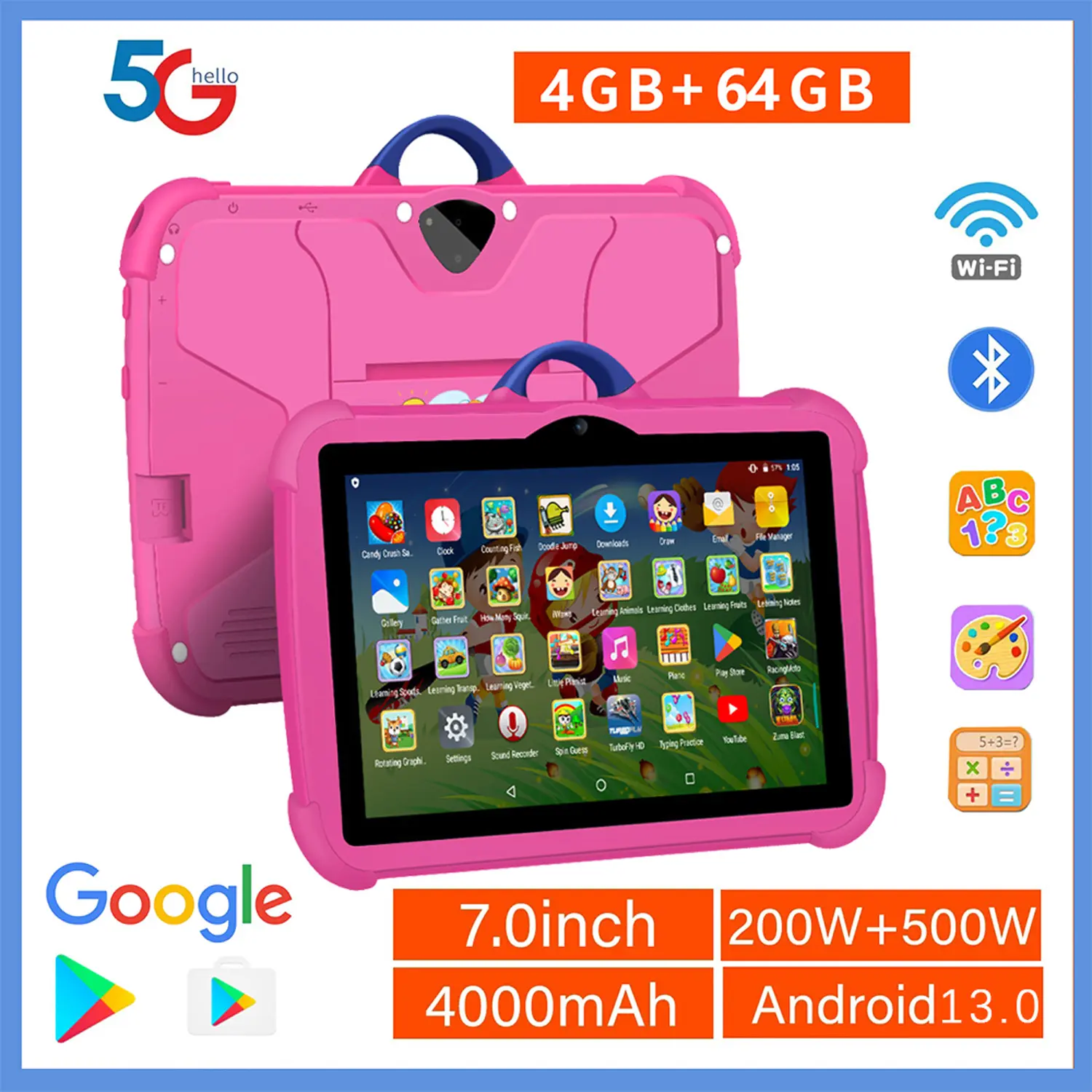2026 New 5G WiFi pritom kids Learning study Tablet, 7-Inch Google educational    Android PC with Quad-Core  , 4GB RAM, 64GB ROM, Budget-Friendly Children's Favorite