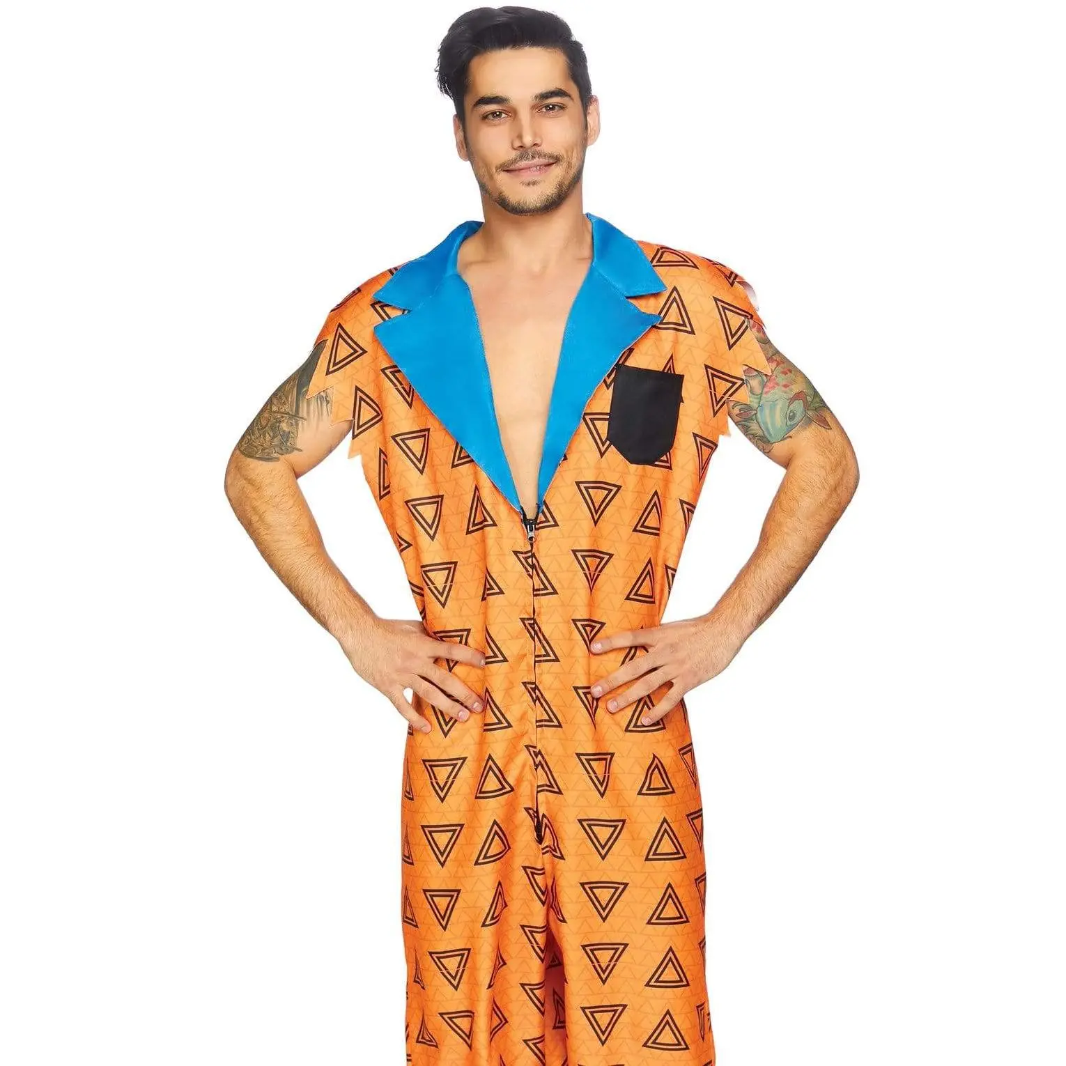 Men's Bedrock Bro Costume Jumpsuit - Classic Menswear Clothes, Double Zipper, Sleeves, Geometric Details, Pockets, Relaxed Fit, Iconic Print, Full-Length, Easy Wear, Multi-Size, Hand-Washed, for Halloween, Cosplay, 2-Person Cartoon Costumes & Accessories