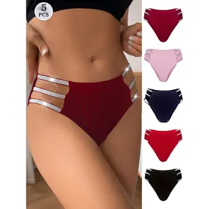 5-Pack Women's Sexy Low-Waist Panties, Shiny Waistband and Hollow Design - 5 Colors Available  Soft Breathable High Elasticity Underwear, Mature Elegant Daily Comfort, High-Waist Cut Panties |       Lace Patterned Underwear Basic Womenswear SpringStatemen