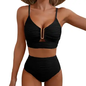 2 Piece Bikini Set U-Wire Cutout Swimsuit High Waisted Textured 2026 Summer Swimming Clothing Beach Water Sports Tummy Control Swimwear