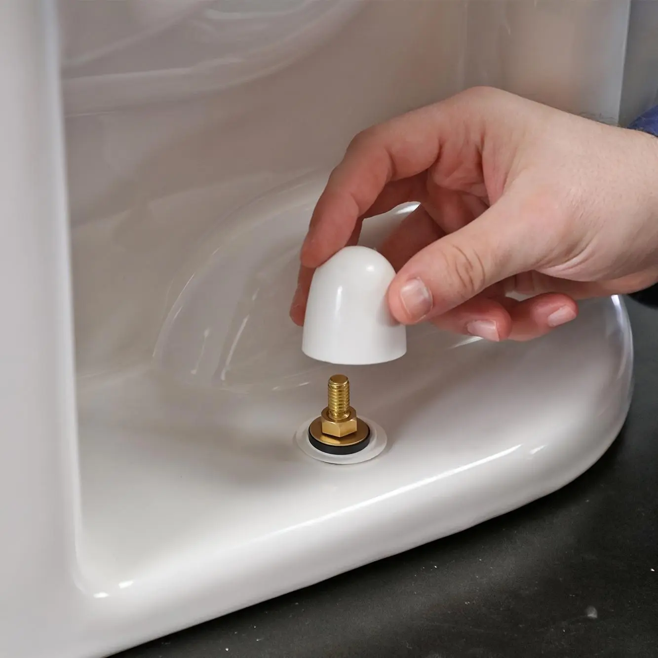 4-Piece white toilet bolt cover, easy-to-install push-in design with extra gasket, 1.45-inch tall, durable plastic for safe and stylish bathrooms Toilet Accessories Installation