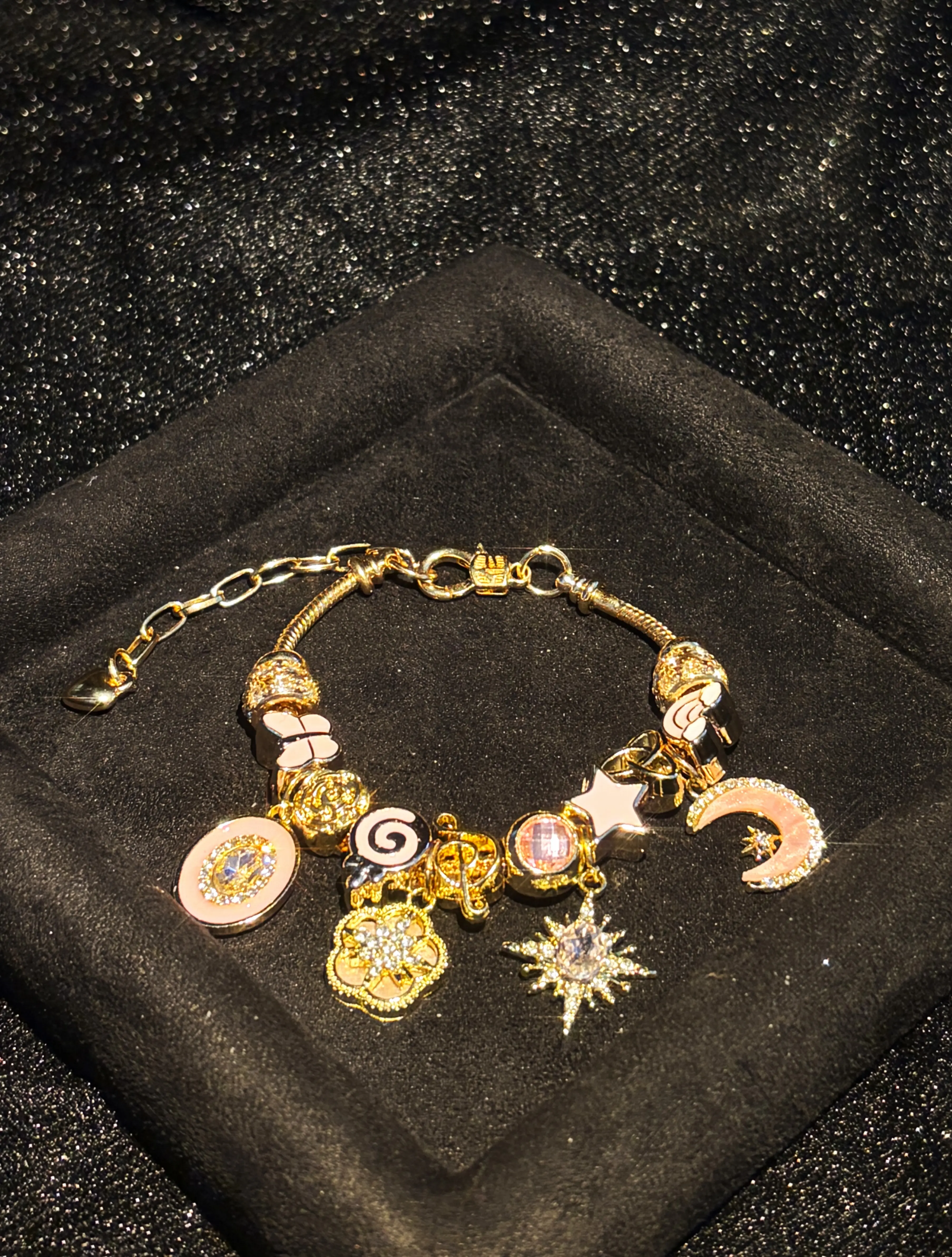 Women's Pink Gold Enamel Charm Bracelet - Gold-Tone Adjustable Snake Chain with Sun, Star-Burst, Lollipop, Music Note, Heart Dangle Charms, Rhinestone Fashion Jewelry Gift for Teen Girls