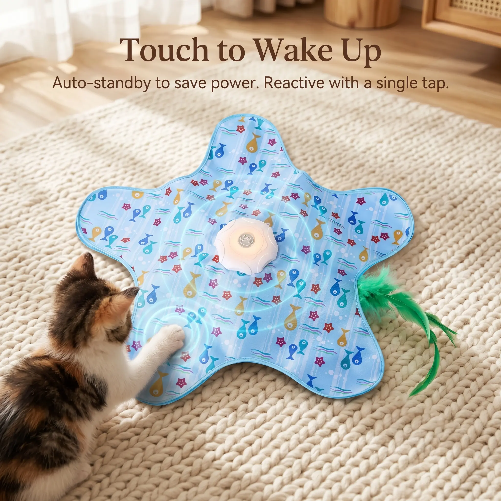 OmniPets Automatic Peekaboo Hunt Cat Toy - Rechargeable 1200mAh Moving Feather Mat, 3 Speed Control, Gentle Starter, Touch Wake-Up, Quiet Starfish, Fabric Cover, Auto Standby, Animal Print, Universal Fit, Curiosity Boost for Indoor Cats