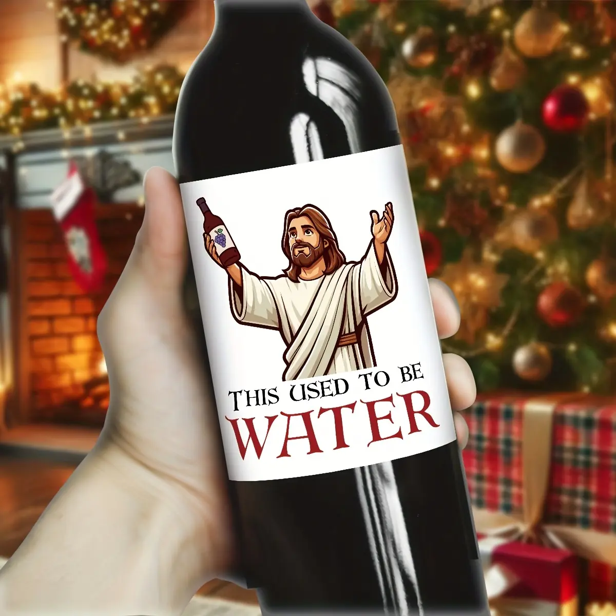 Humorous Wine Bottle Labels, Durable Vinyl Stickers, Religious Design with Christ and Cross, Perfect for Christmas, Birthdays, Gifts