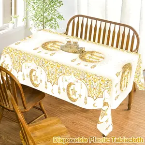 1pc, Ramadan Kareem Plastic Tablecloth, White Golden Star Moon & Eid Lantern Pattern Eid Rectangle Disposable Table Cover, Mubarak Decorations 2026 for Home Kitchen Dining Table Decor, Ramadan Mubarak Party Supplies, Eid Al-Fitr & Eid al-Adha
