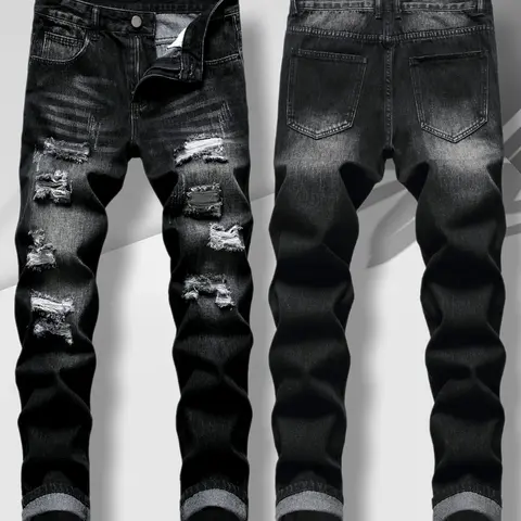 Men's Ripped Slim Straight Denim Fabric Jeans - Distressed, Compression-Fit, Buttons, Tie Dye, 2000s-Inspired Grunge Aesthetic Casual Streetwear Clothing for Young Men (Halloween Pick, High Street Western Wear)