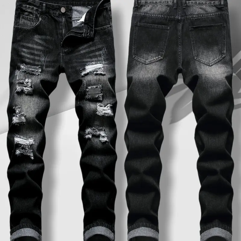 Men's Ripped Slim Straight Denim Fabric Jeans - Distressed, Compression-Fit, Buttons, Tie Dye, 2000s-Inspired Grunge Aesthetic Casual Streetwear Clothing for Young Men (Halloween Pick, High Street Western Wear)