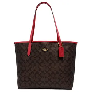 COACH City 33 Classic Monogram Tote Bag in Red and Brown for Women