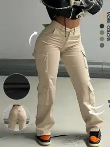 Women's Plain High-Waisted Cargo Pants with Pockets and Drawstring, Fashion Y2K K-Pop Style Streetwear Trousers for Daily Wear, Ladies' Baggy Pants for Fall & Winter