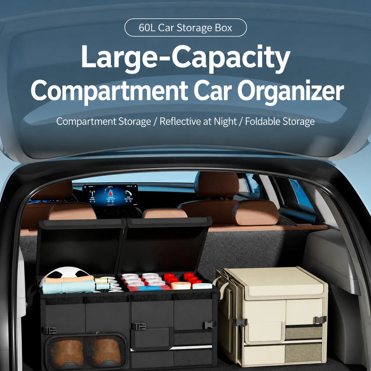 Foldable Car Trunk Storage Organizer Box, Large Capacity Collapsible Automotive Rear Cargo Storage Bin, Multipurpose Waterproof Vehicle Back Storage Container for SUV, Truck, Sedan