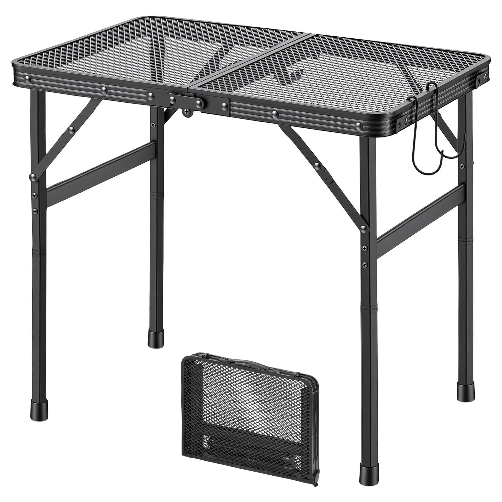 【toolupgrade】VEVOR Folding Grill Table 24x16 in Camping Tables 90 lbs Capacity Aluminum, Lightweight Compact for Picnic BBQ Tailgating, Adjustable Height, Outdoor Side Stand with Portable Handle, Black Metal Mesh