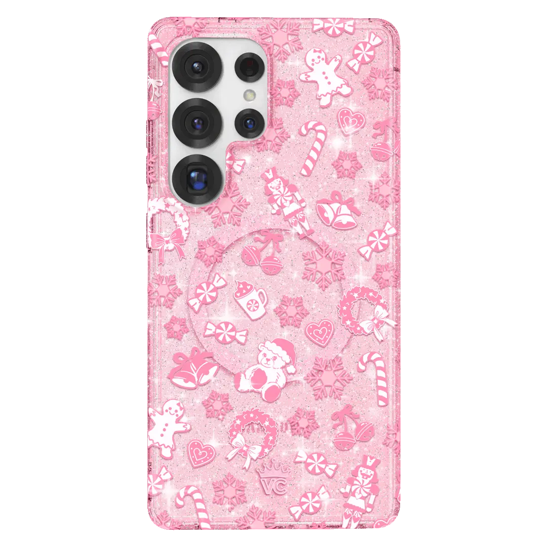 Velvet Caviar Pink Christmas Glitter Transparent Smartphone Casing, Samsung Mobile Phone Accessories with Drop Protection