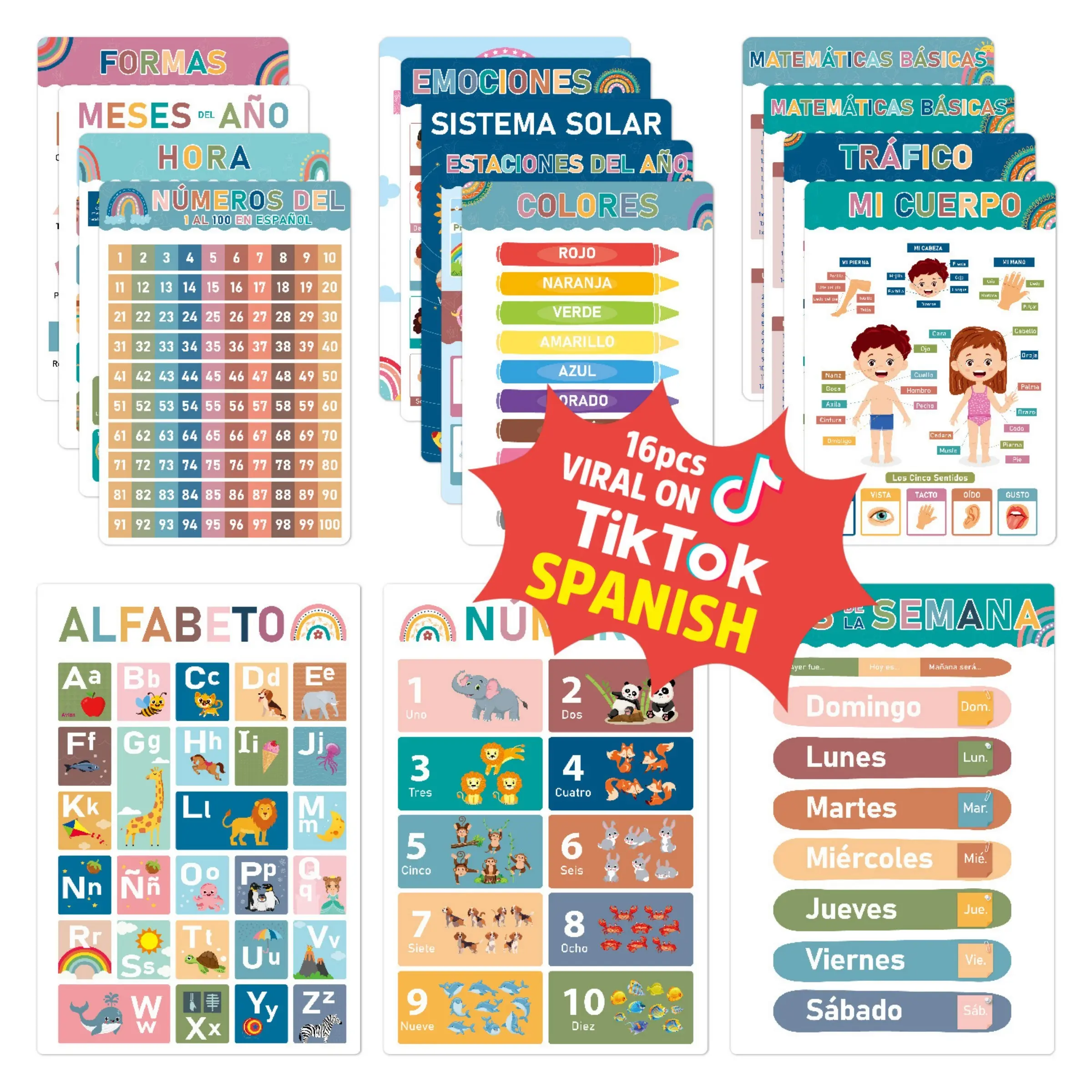 16 Sets Multilingual Classroom Posters - Montessori Educational Prints, Wall Decor, Teaching Supplies, Classroom Supplies Charts, Kindergarten Charts, Classroom Decoration for Preschool & Elementary Teachers, Alphabet Numbers & Shapes Learning Materials