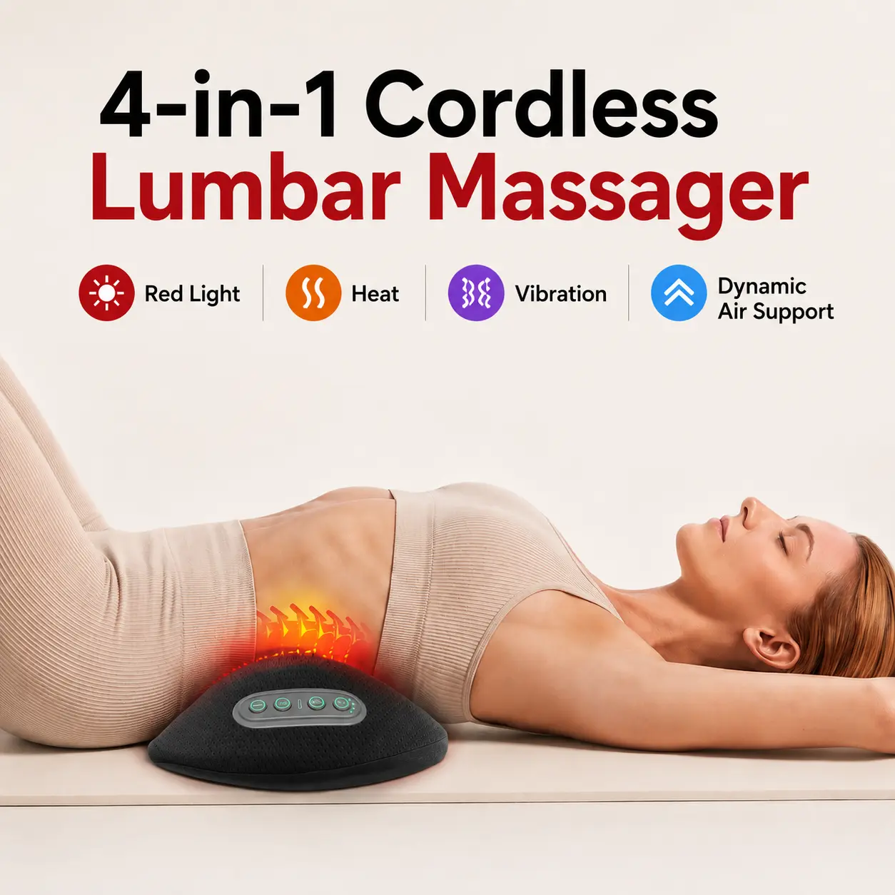 FliKEZE 4-in-1 Cordless Lumbar Massager Pillow - Portable Heatable Body Care Machine with Red & Near-Infrared Light Therapy, Dynamic Airbag Traction, Lithium Ion Batteries for Home & Office Lower Back Pain Relief, Relaxing Gift, Wireless, Adjustable, With