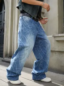 Men's New Fashion Embroidered Washed Denim Jeans, Casual Loose Fit Jeans for All Seasons, Versatile Denim Trousers, Leaf Print Pants, Stylish & Comfortable