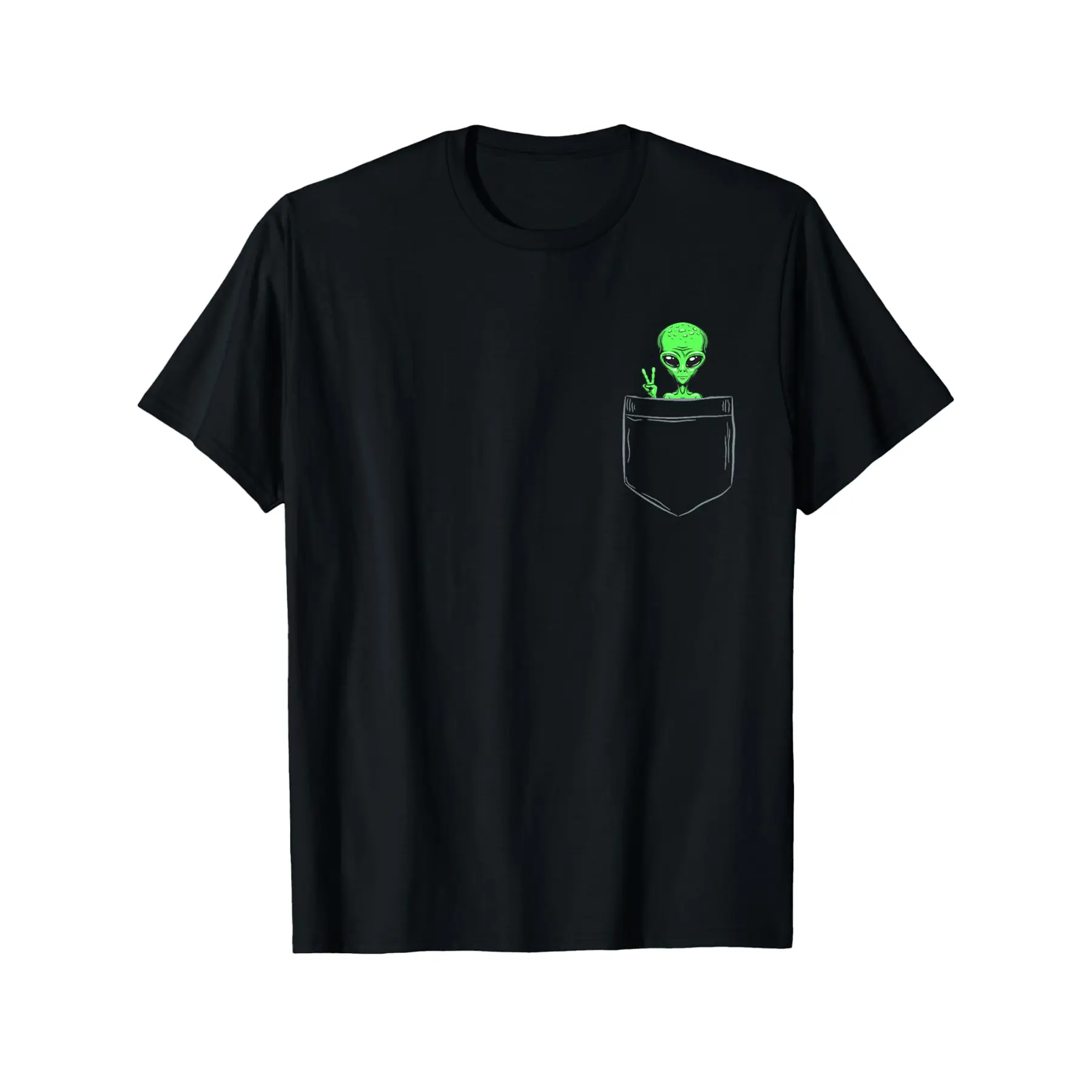 Men's Cotton Short-Sleeve Round Neck T-Shirt - Slight Stretch, Soft, Breathable Knit Casual Top with Alien Print Pocket, All Over Print, All Seasons, Vintage UFO Gift Idea, Machine Washable