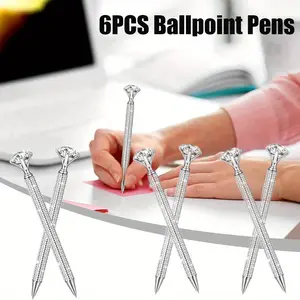 6 Pcs Big Diamond Pens with Crystal Bling Rhinestone,Metal Glitter Diamond Ballpoint Black Ink Pens,Wedding Bridal Shower Favors for Birthday Gift Supplies(Silver)