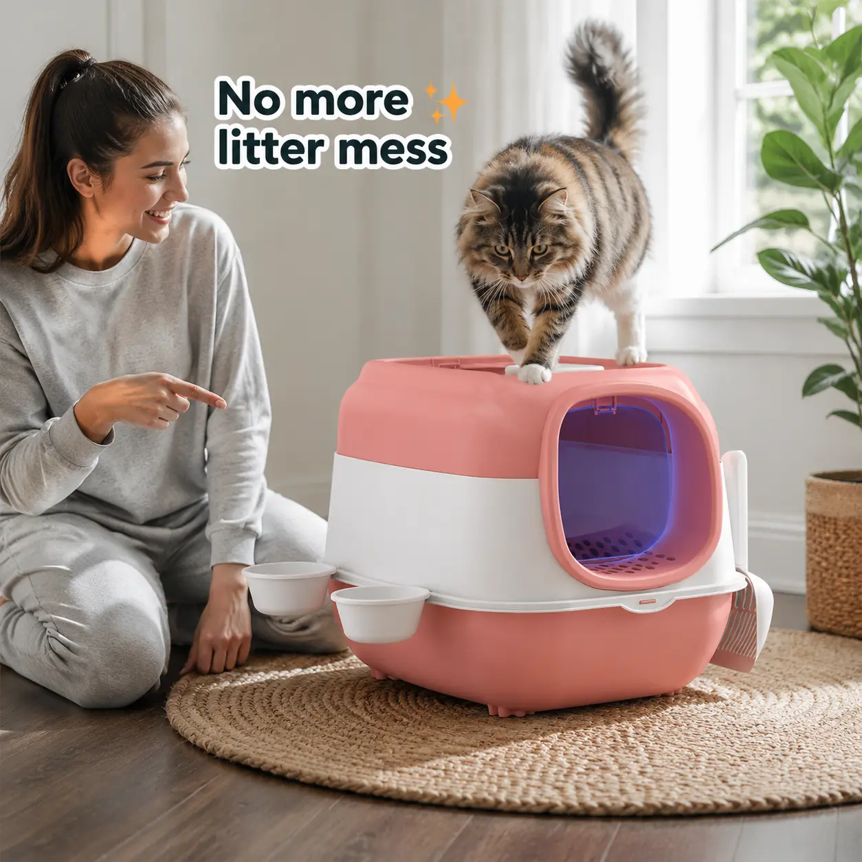 Fully enclosed odor-control cat litter box with splash guard entrance mat, large-capacity top-opening litter box, leakproof and easy-to-clean cat toilet for indoor cats, includes a cat litter scoop