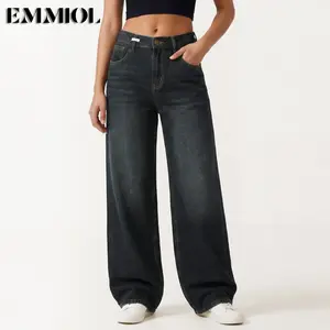 EMMIOL Low Rise Baggy Jeans for Women 90s Y2K Vintage Wide Leg Denim Pants Streetwear Boyfriend Style