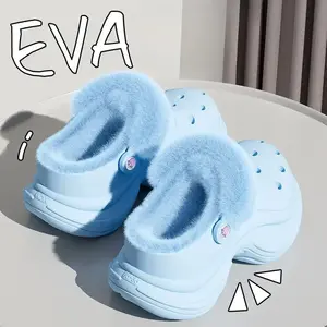 Autumn and winter padded EVA warm-up cotton slippers for women, thick-soled, fluffy, eyelet-style shoes, for home wear or outerwear, cotton shoes, as gifts, sharing, giving as a gift, parties, cute, warm, essential.