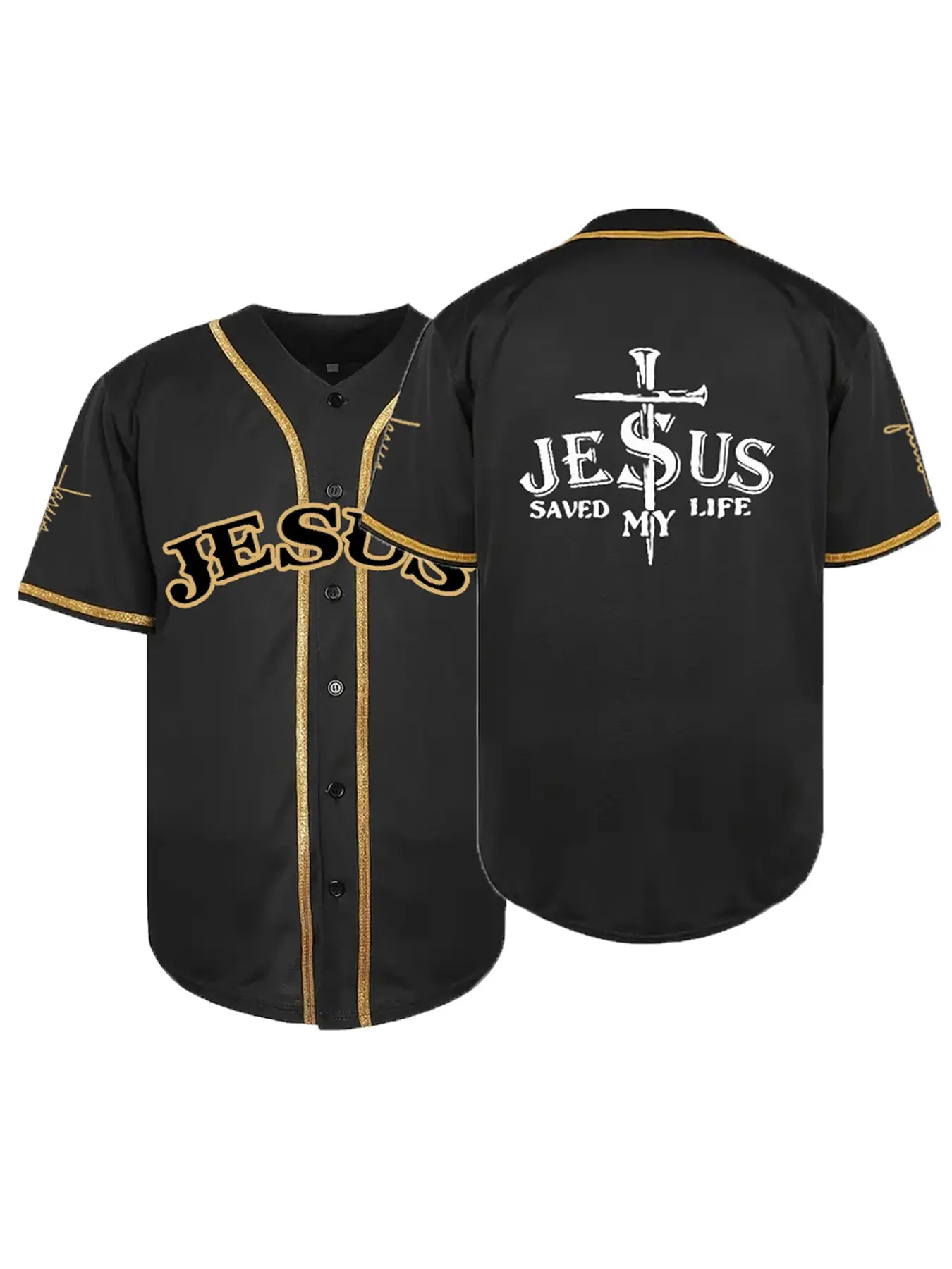 Men's "JESUS" Stitched Baseball Shirt, Casual Short Sleeve V-Neck Comfortable & Breathable Embroidered Baseball Jersey, Button Front Shirt, Ideal for Outdoor Sports & Games, Parties,Unisex, Embroidered Sportswear Top, Workout Top, All Seasons