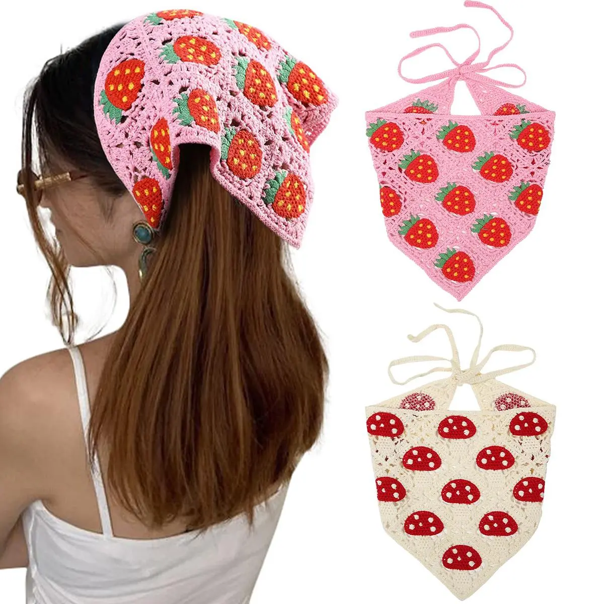 AWAYTR 2-Piece Women's Crochet Hair Scarf Set, Handmade Tie-Back Bandana with Strawberry & Mushroom Pattern, Chic Accessories for Women, Chic Headbands, Bandana Head Wrap