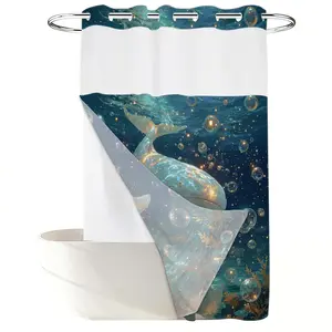 1PC 2D Flat Healing Golden Bubble Beluga Whale Kid Shower Curtain, Deep Sea Dreamy Ocean Design, Waterproof Detachable Liner Bathroom Curtain (No Hooks)