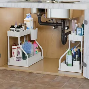 Under Sink Storage Rack, 1 Count 2-tier Sliding Cabinet  Storage Rack with Hook, Space Saving Plastic Storage Rack for Bathroom & Kitchen Sink