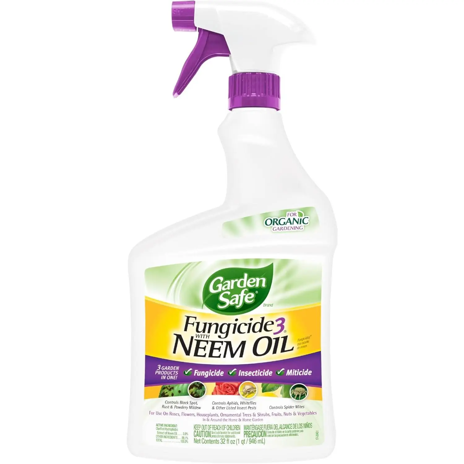 Garden Safe Brand Fungicide3 with Neem Oil, 32 Fluid Ounces, 3 Garden Products in 1 for Organic Gardening, Fungicide, Insecticide and Miticide Kills Eggs, Larvae and Adult Insects