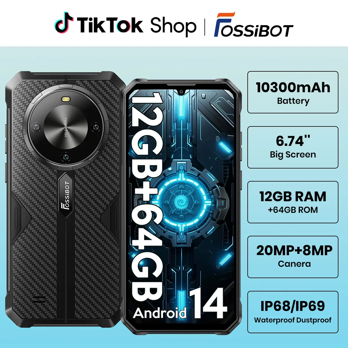 FOSSIBOT F105 Rugged Phone Unlocked 10300mAh Battery Cell 6.74" HD+Display 4GB RAM+8GB ROM/64GB ROM 20MP Camera 4G Dual SIM Android 14 Waterproof IP68/IP69K Outdoorfun (NOT Compatible with AT&T, Cricket, and Verizon)