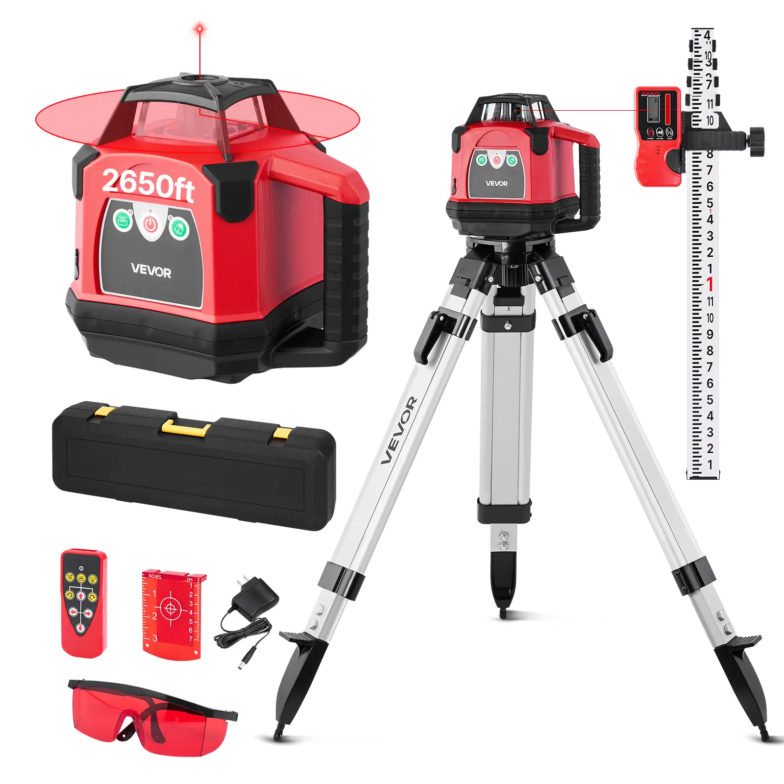 VEVOR 360-Degree Self-Leveling Red Rotary Laser Level Kit, 2650ft Horizontal Laser Transit with Heavy-Duty Tripod, Receiver, Remote Control, Toolcase, 1.2V Batteries, Cells, Grade Rod, IP66 Waterproof, 0.06in/100ft for Construction, Laser Level Unit, Impa