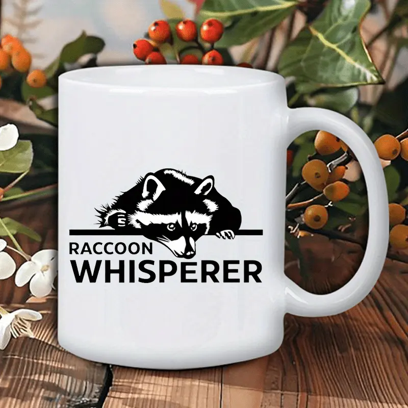 Raccoon Whisperer Insulated Ceramic Coffee Mug - White with Black Raccoon Illustration, Reusable Ceramic Cup for Hot & Cold Beverages, Hand-Wash Only, Perfect Gift for Coffee Lovers & Animal Enthusiasts