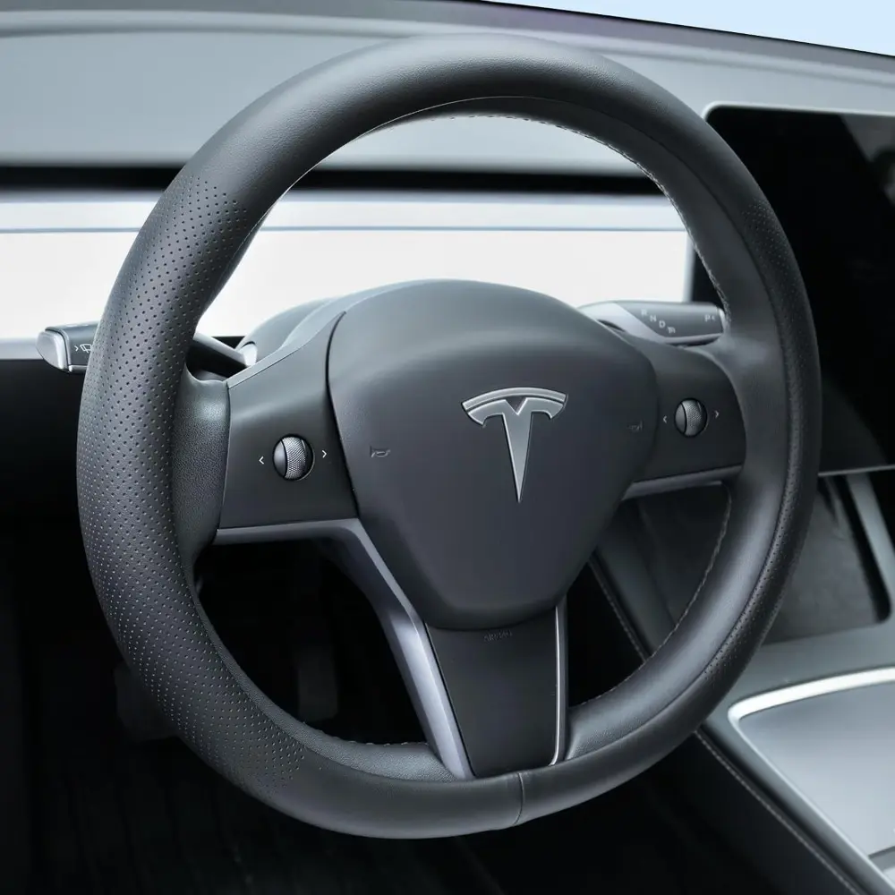 Nappa Leather Steering Wheel Cover for Tesla Model 3/Y 2016-2025 & 2026 Juniper/Highland, Non - Slip Breathable Steering Wheel Protector, Black