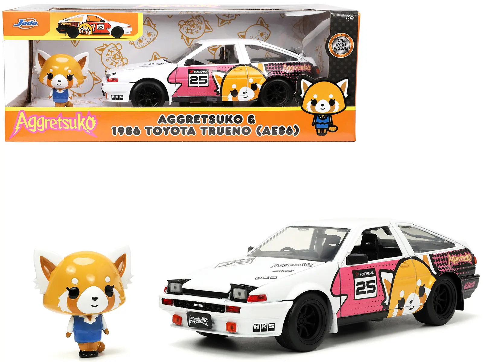 1986 Toyota Trueno (AE86) RHD #25 White with Graphics and Aggretsuko Diecast Figure "Aggretsuko" 1/24 Diecast Model Car by Jada