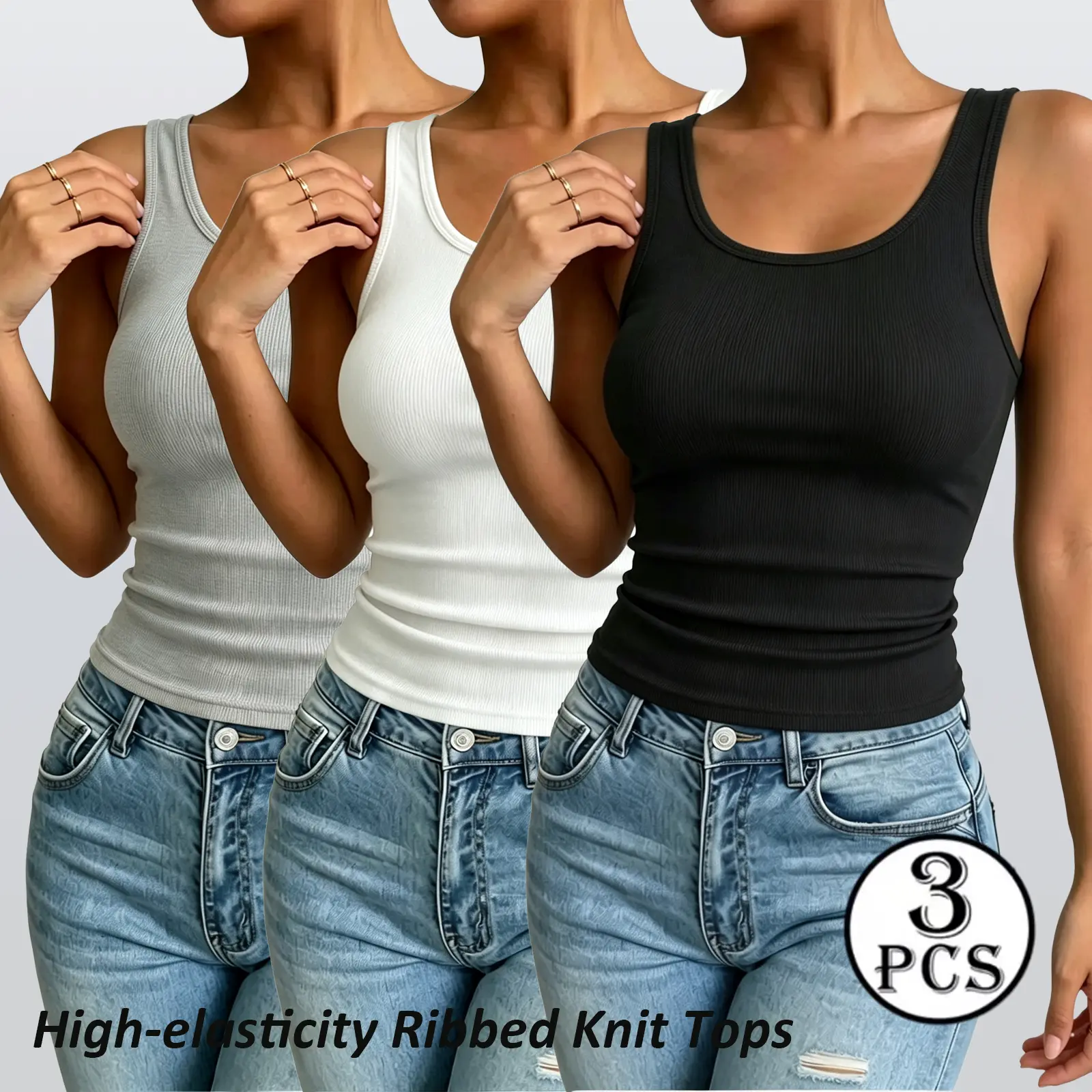 Women's High-Elasticity Ribbed Knit Tank Tops 3-Pack - U-Neck, Slim-Fit, Sleeveless Crop Vest for Everyday Wear & Layering, Elegant Minimalist Basic Casual Womenswear, Tank Top