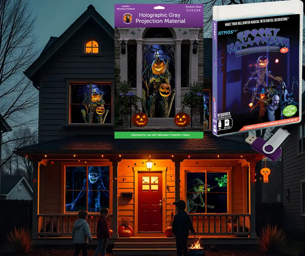 AtmosFX Spooky Halloween Hollusion Vol 2 Digital Decoration on USB Includes 9 Atmosfx Video Effects for Hallloween Plus 5.5' x 9' Holographic Projection Screen