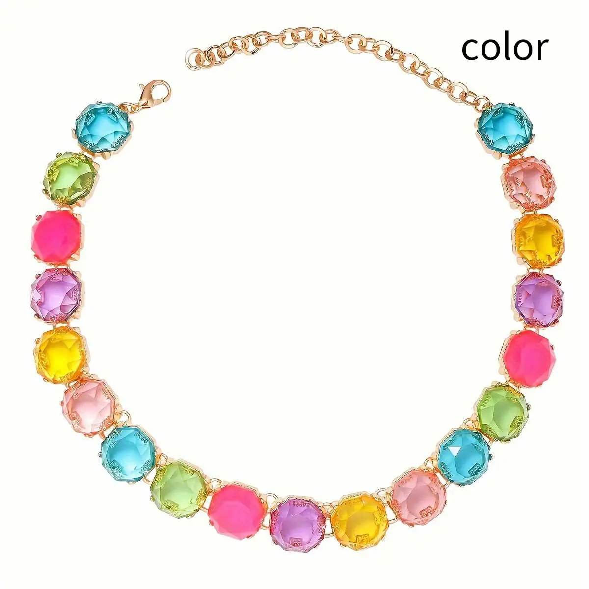 Bohemian Multicolored Rainbow Crystal Necklace |   Luxurious Thick Rhinestone Fashion Necklace |   Elegant Wedding Guest Jewelry |   Vibrant Summer Atmosphere Accessory Sparkly Cubic Zirconia