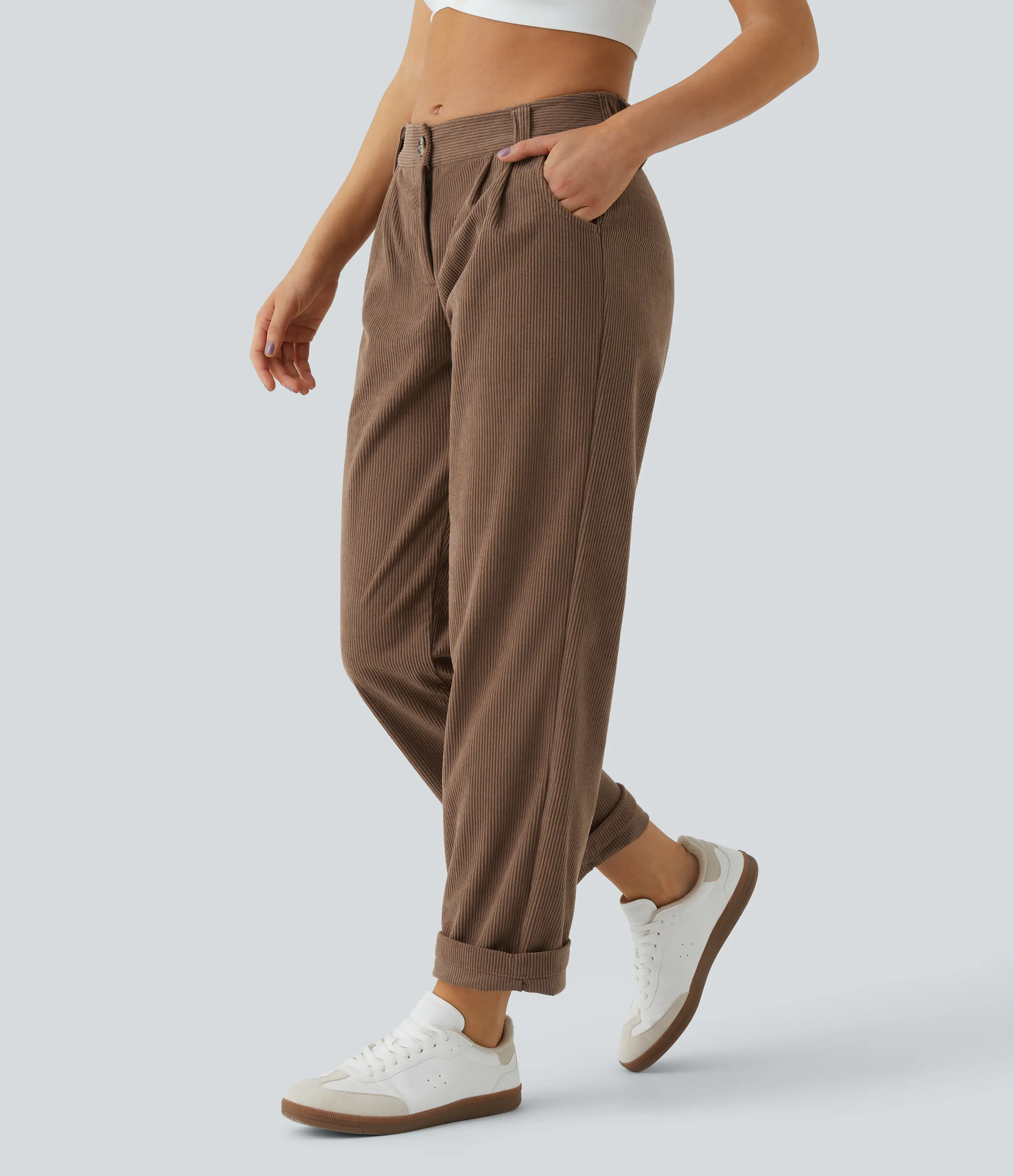 Halara Mid Rise Button Zipper Side Pocket Corduroy Casual Pants