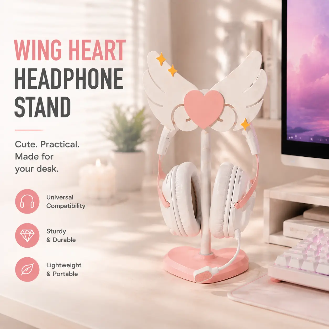 Magical Girl Heart Wing Headphone & Controller Stand, 2-in-1 Headset Holder, Cute Pink Aesthetic Gaming Desk Decor for Gamer Girls, Kawaii Room Accessories