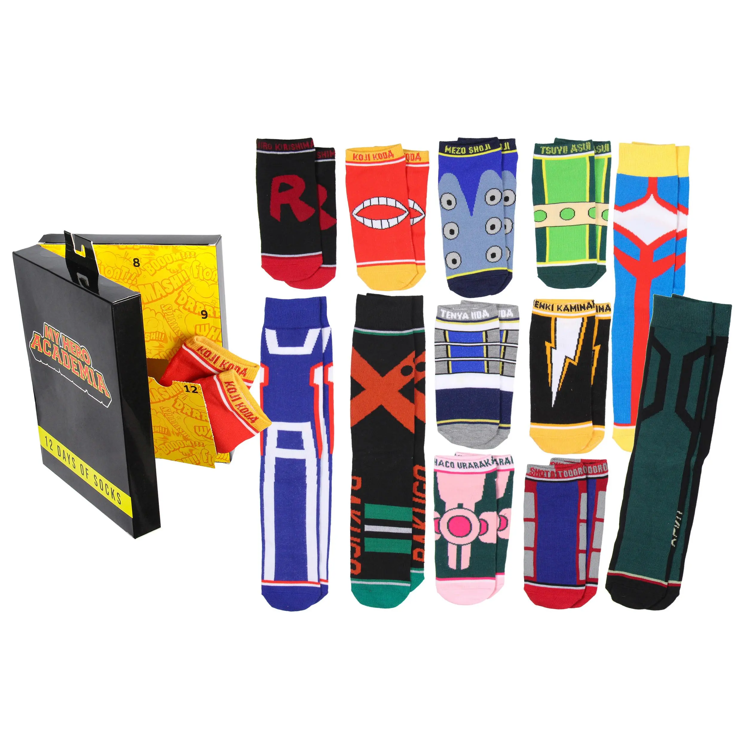 My Hero Academia Men's 12 Days Of Socks Crew and Ankle Mix and Match Advent Gift Box Set 12 Pairs, Spandex, Fabric, Stretchy