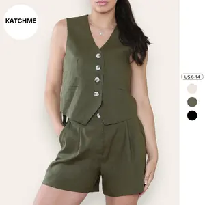 KatchMe Women's Plain Casual V Neck Button Tank & Wide Leg Shorts Co-ord,Sleeveless Button Up Top & Pocket Shorts Two Piece Outfits,Basic Summer Sets