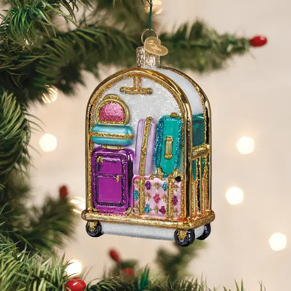 Wanderlust Golden-Pastel Stacking Hotel Luggage Cart Ornament, Festive Decor for Parties, Travel Tales Home Supplies, Christmas Aesthetic, All Seasons