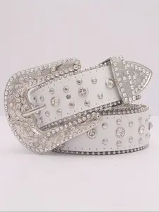 1pc Luxurious Western Cowboy Style Belt, Rhinestone PU Cross Diamond Buckle, Unisex Waistband for Daily Use, Nightclub Rock Streetwear, Bling Western Belt