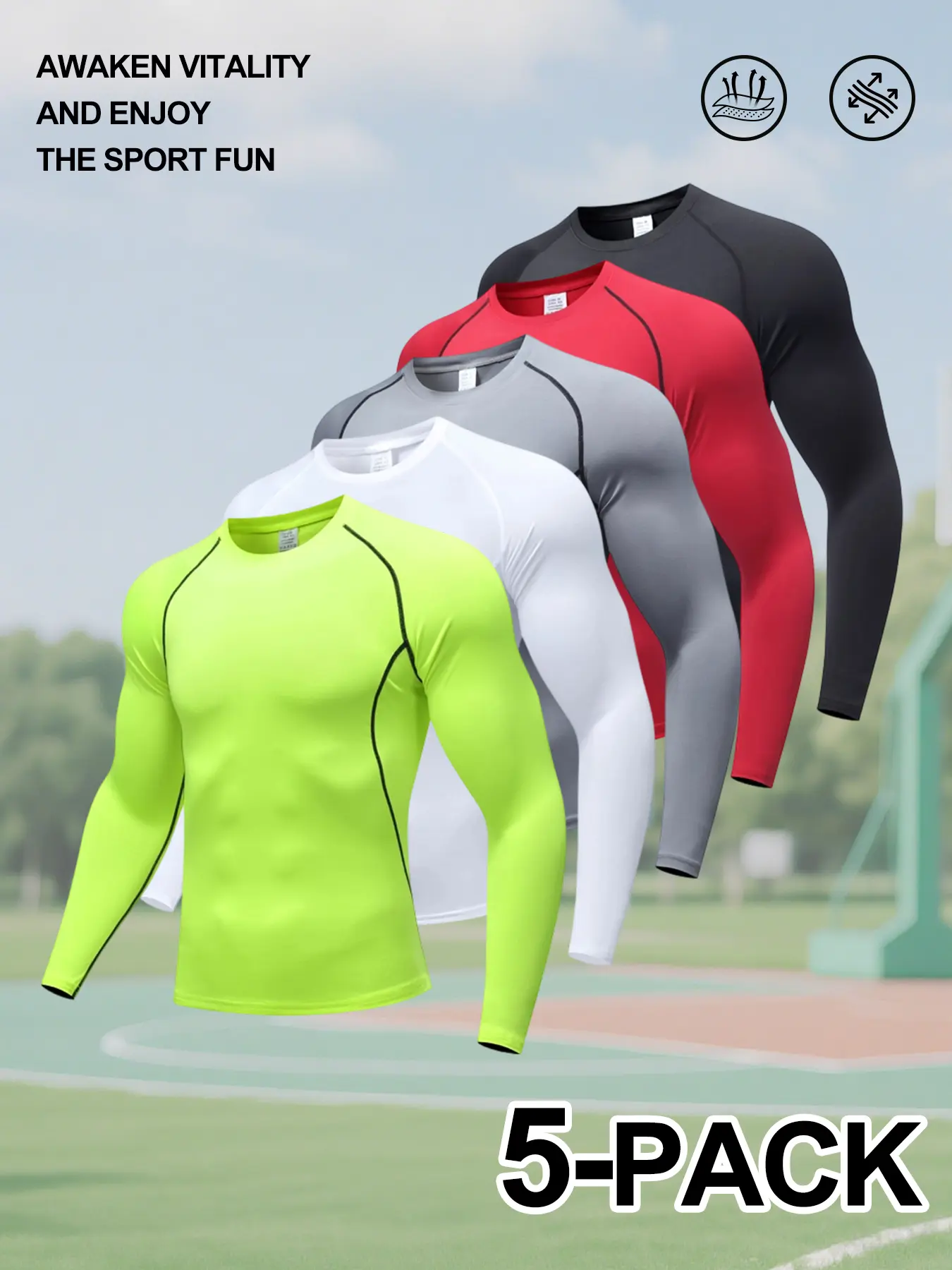 Men's 5 Pack Compression Shirts, Long Sleeve Quick Dry Rash Guard for Running, Basketball, Gym Training & Outdoor Activities