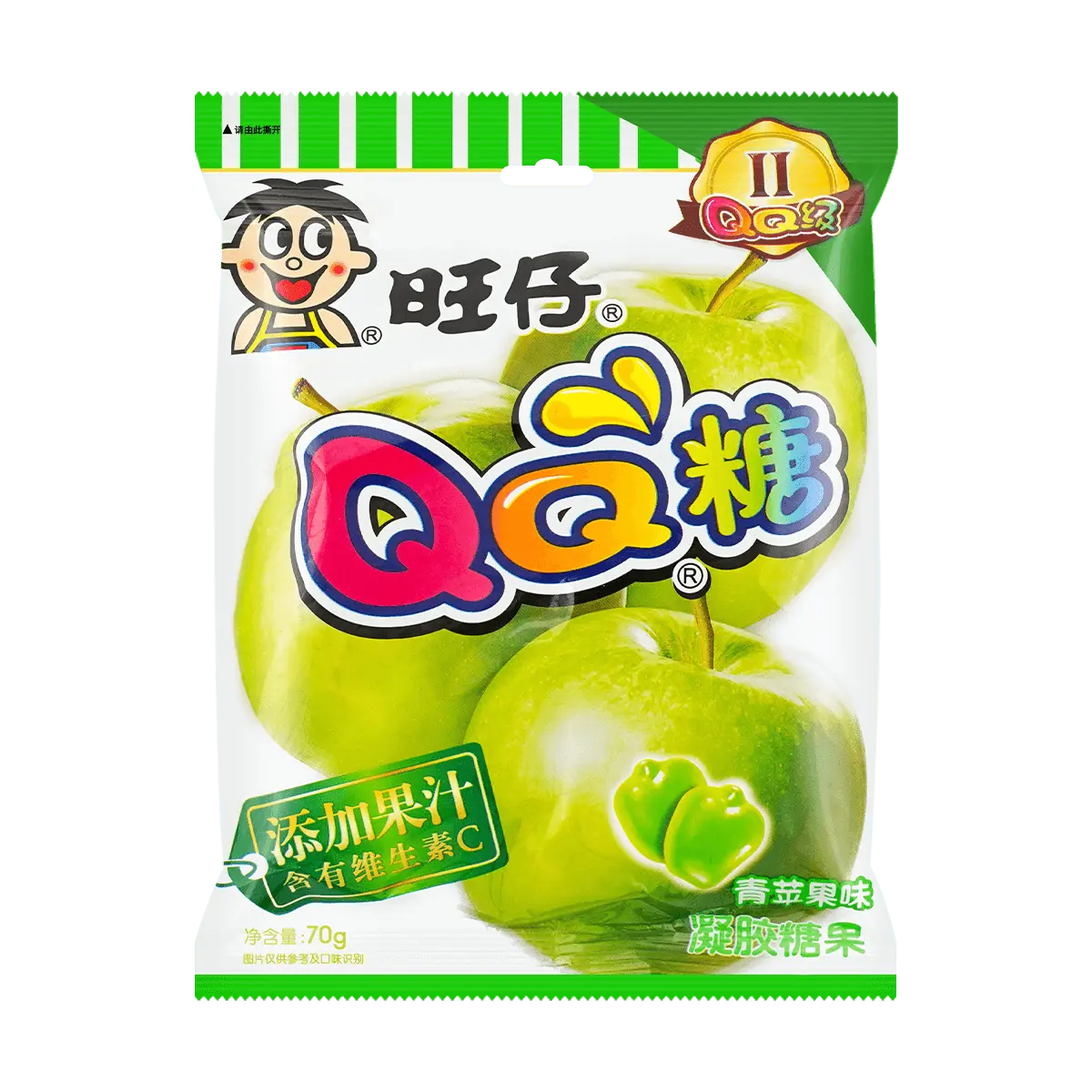 Want Want QQ Candy Green Apple Flavor - Chewy Gummy Jelly Snacks, 70g Bag
