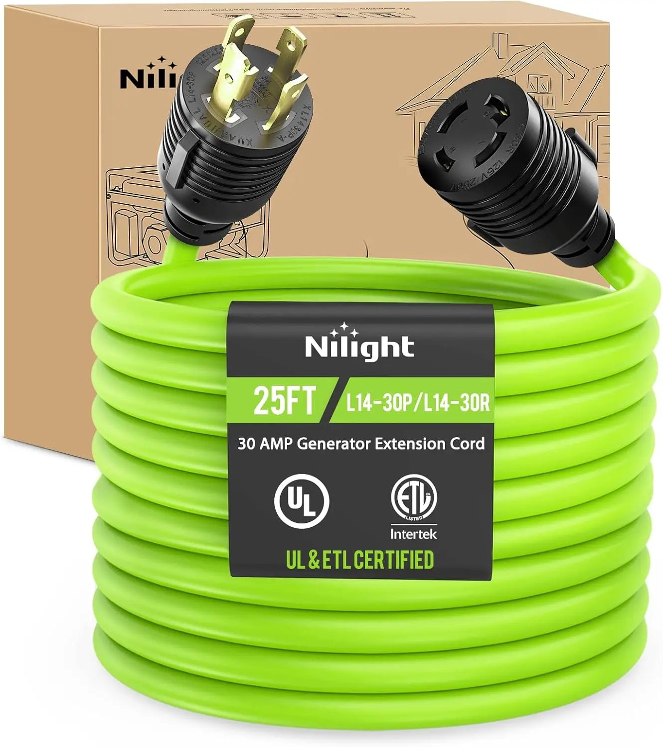 Nilight 25FT 30A Generator Extension Cord, 125V 3750W 10/3 Gauge Pure Copper STW Wire, UL ETL Listed 4-Prong L14-30P/L14-30R Water Resistant Cable, Storage Strap, Fluorescent Bright Green for Campers, Power Outages, All Seasons Outdoor Use