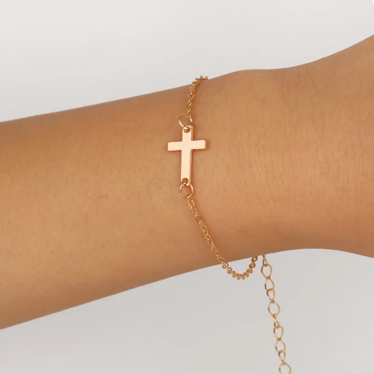 Gold Plated Sideways Cross Bracelet - Dainty, Minimalist Christian Daily Chain Jewelry Gift for Her