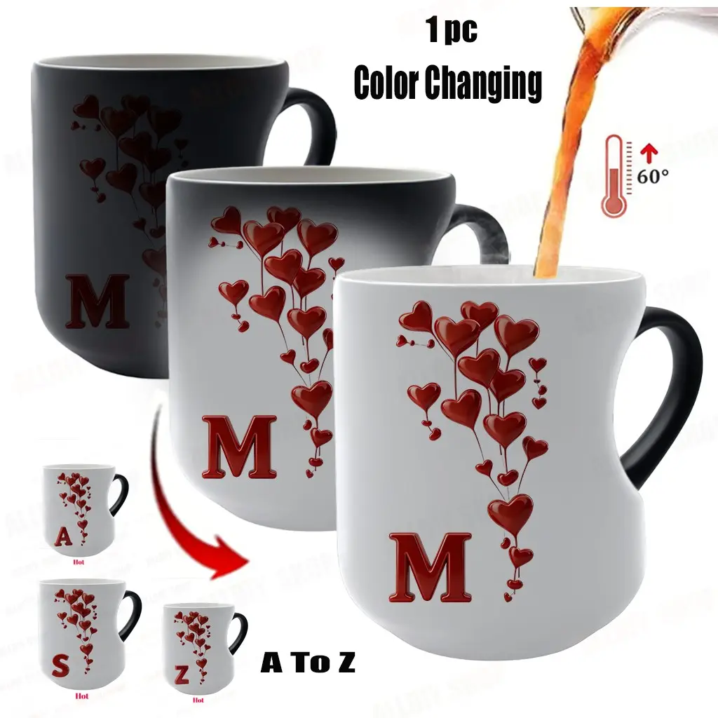 Color-Changing A-Z Initial Heart Novelty Coffee Mug, Funny Design Mug, Funny Heat-Sensitive Ceramic Mug with Heart-Shaped Handle, 11 oz / 330 ml, Valentine's Day Gift, Coffee Cups